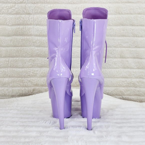 Lavender Lilac Purple Patent Platform 7" Heel Lace Up Ankle Boots - Picture 6 of 13